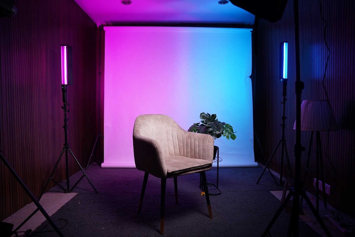 CT25 Studio Chennai, RGB lit backdrop with seating setup